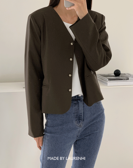 [Made Lauren]마룬 골드버튼 노카라 숏 자켓 - 2 color