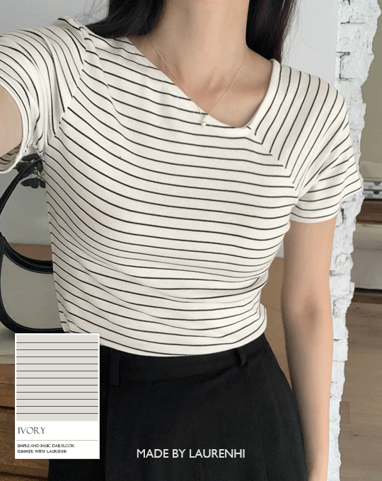 [Made Lauren]조앤 사선 브이넥 스트라이프 반팔 티셔츠 - 2 color