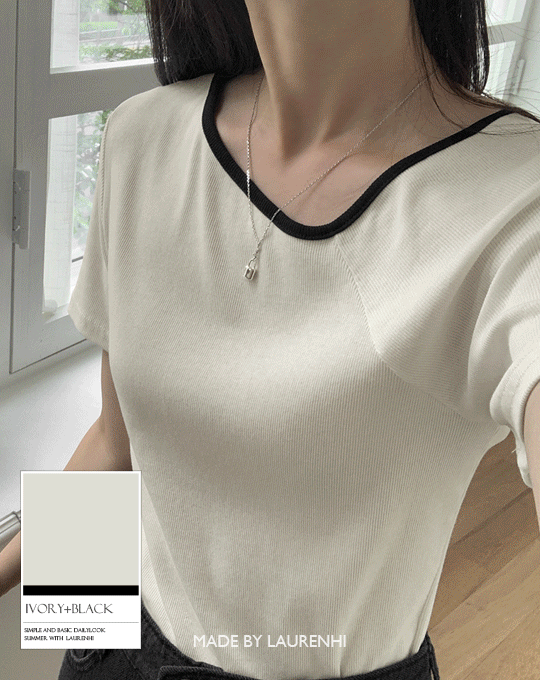 [Made Lauren]카빈 사선 브이넥 골지 반팔 티셔츠 - 4 color